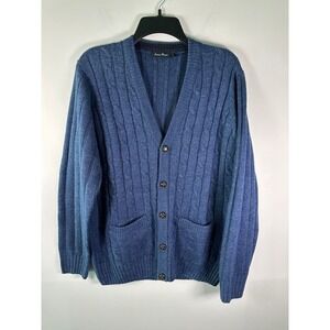 James Pringle Cardigan Sweater Mens M Blue Cable Knit V-Neck Button Pockets